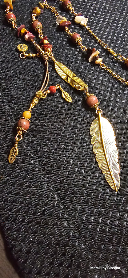 Misty Moon Designs - Mookite, sesame jasper, and gold feather lariat